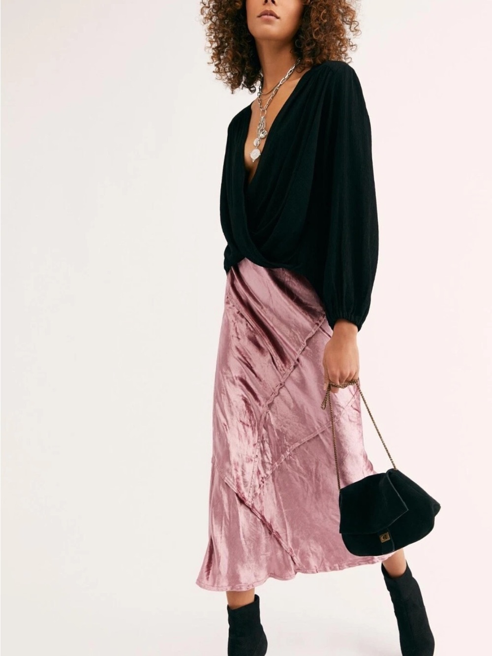 Free People Satin Slip Midi Skirt in Dusty Rose and Black
